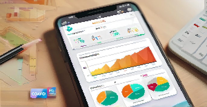 A smartphone displaying a colorful budgeting app with graphs and reward points, set in a cozy home office environment.