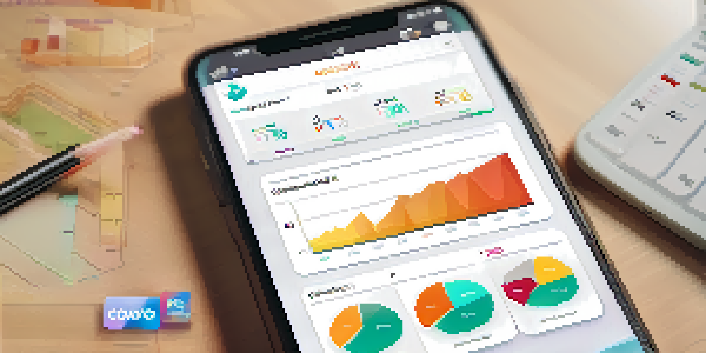 A smartphone displaying a colorful budgeting app with graphs and reward points, set in a cozy home office environment.