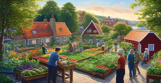 A community garden in a Scandinavian village with diverse individuals working together, surrounded by flowers and vegetables during sunset.