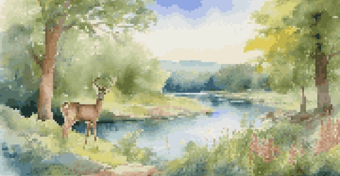 A peaceful landscape showcasing a vibrant ecosystem with a river, forest, and wildlife including deer and blooming flowers.