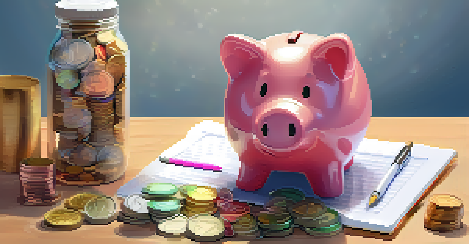 A piggy bank surrounded by coins and a notepad with financial goals, symbolizing savings.