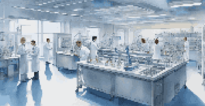 A high-tech biotech laboratory with robotic systems assisting scientists in research tasks, emphasizing a bright and clean environment.