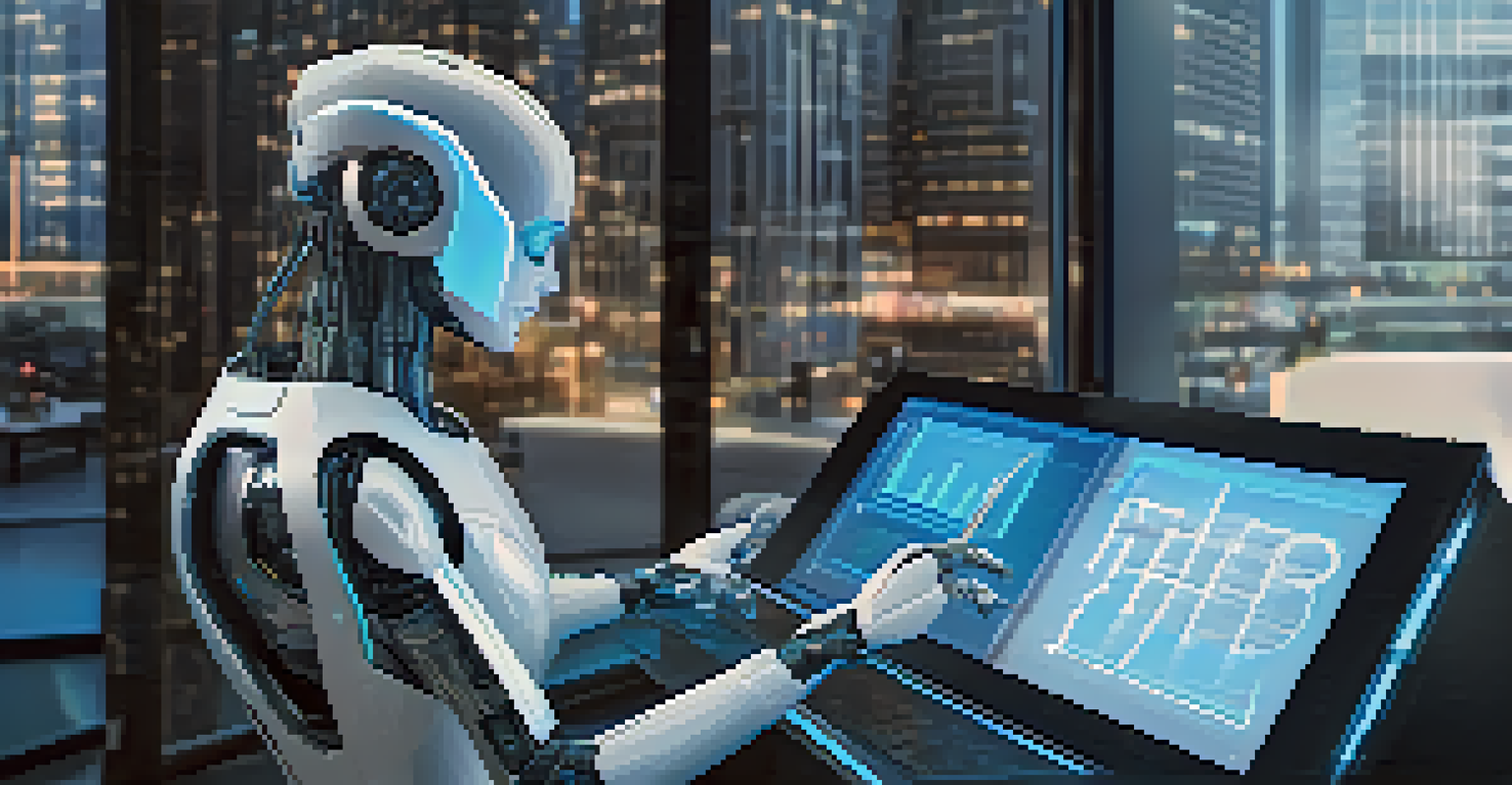 A humanoid robot analyzing market trends through a holographic display of data visualizations.