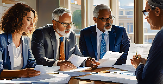 A diverse group of professionals discussing retirement plans at a table with financial documents and laptops.