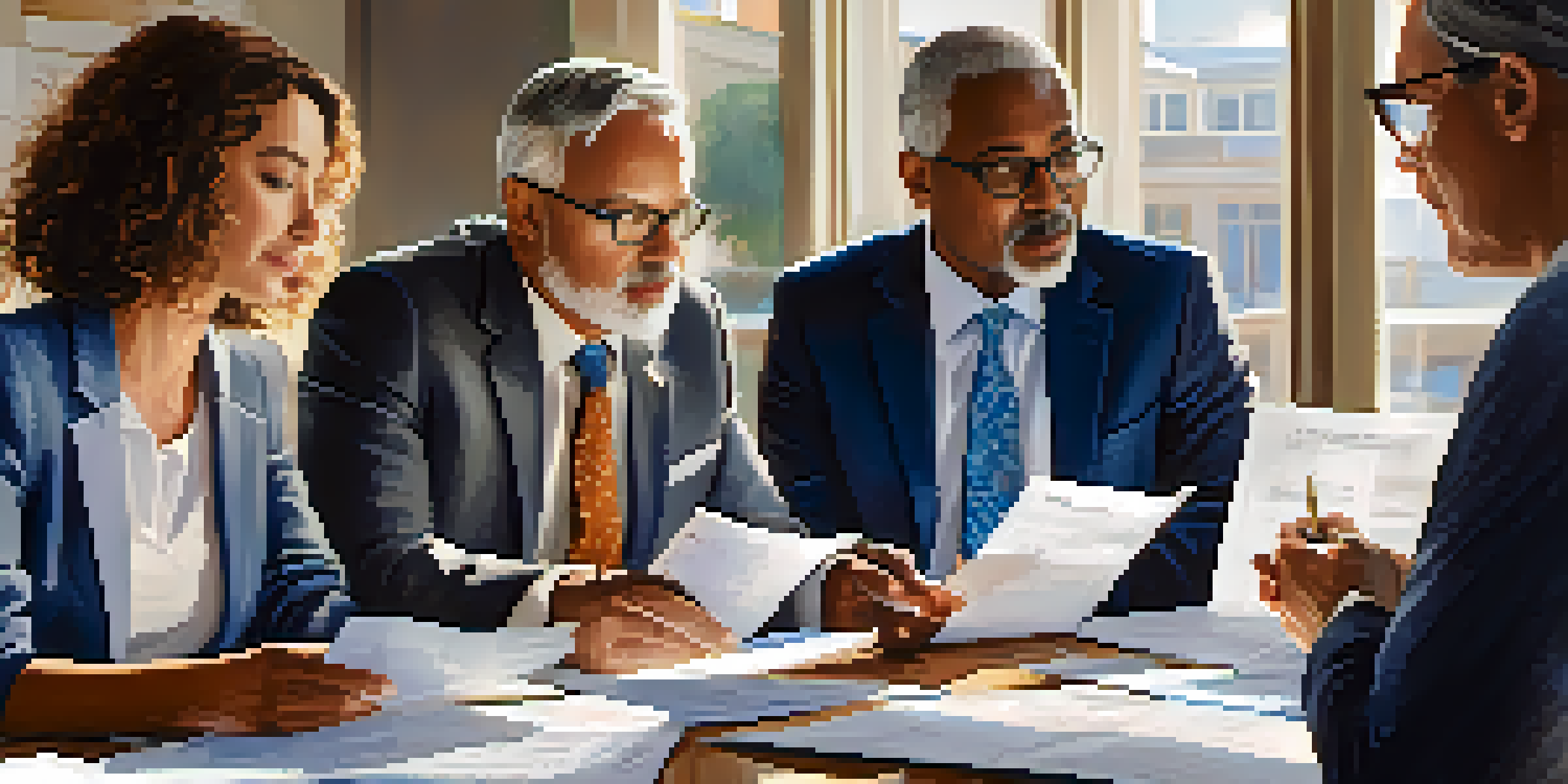 A diverse group of professionals discussing retirement plans at a table with financial documents and laptops.