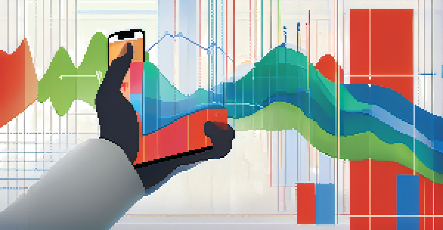 A stylized graph of derivatives trading with fluctuating lines and a hand holding a smartphone displaying a trading app.