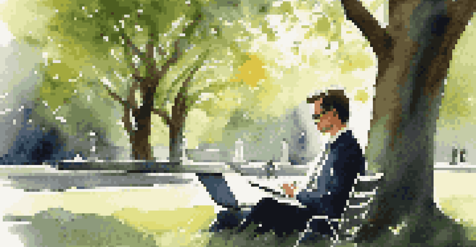 A business professional sitting in a park reviewing compliance documents, surrounded by trees and sunlight, looking focused and relaxed.