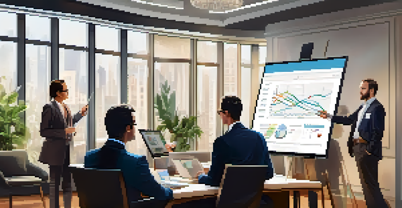 A financial advisor presenting investment options to club members in a professional office setting, with graphs displayed on a laptop.