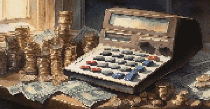 A vintage calculator on a wooden desk with stacks of coins and crumpled banknotes, softly illuminated by natural light.
