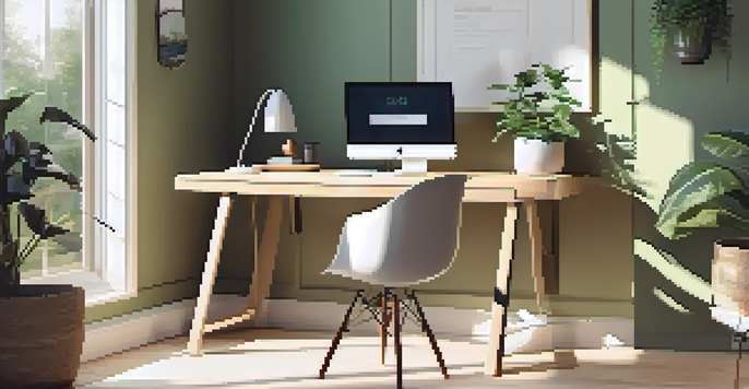 A bright and calm home office with a modern desk, laptop, coffee cup, and a potted plant, illuminated by natural sunlight.