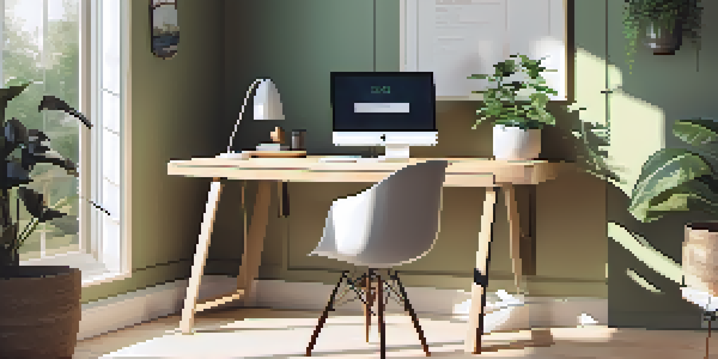 A bright and calm home office with a modern desk, laptop, coffee cup, and a potted plant, illuminated by natural sunlight.