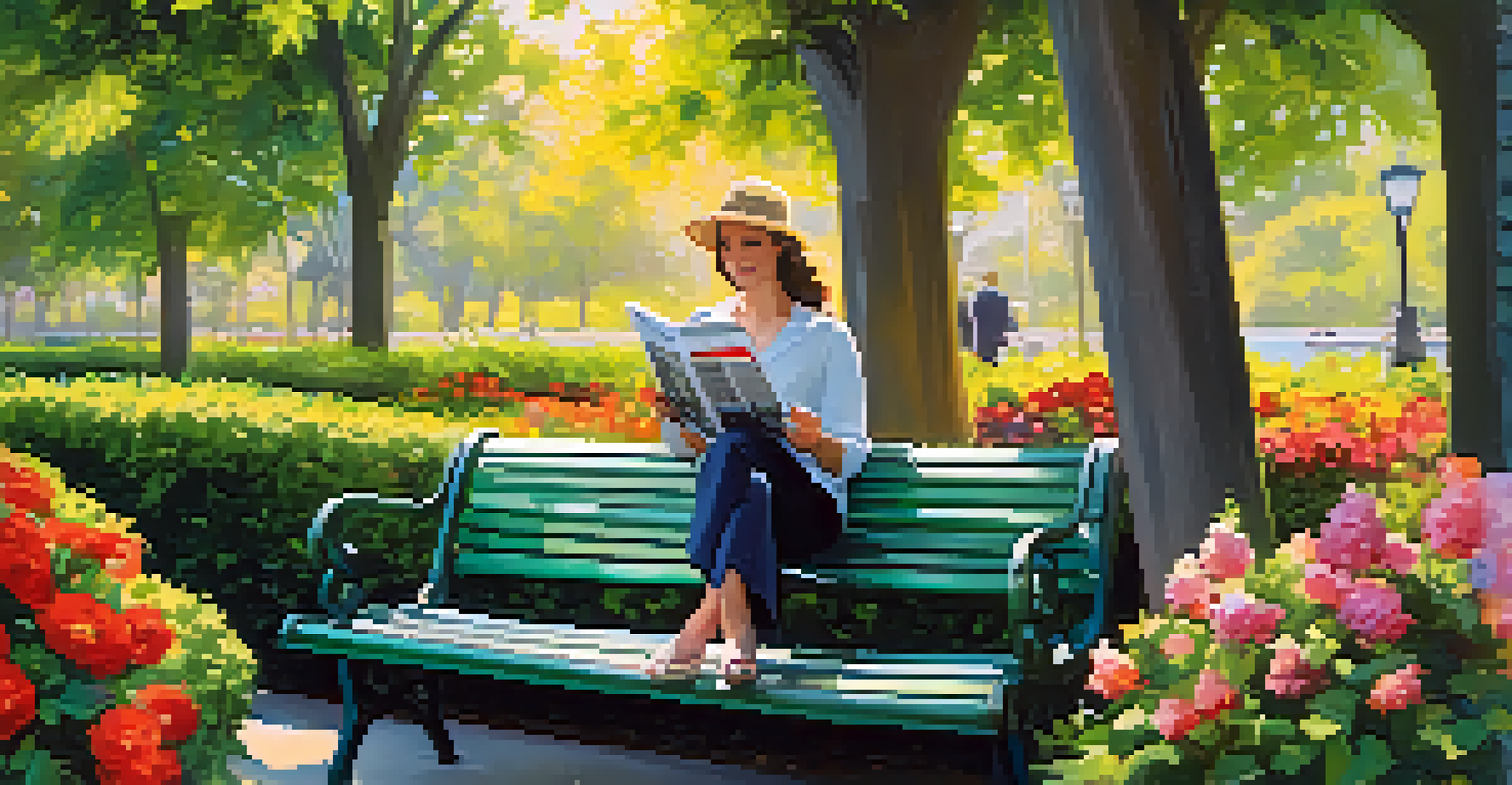 A person reading a financial magazine on a park bench, surrounded by green plants and colorful flowers with sunlight filtering through the trees.