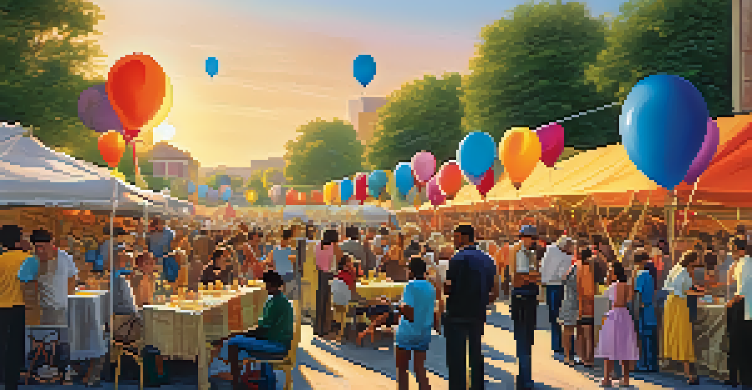 A lively outdoor charity event with a diverse crowd, colorful booths, and balloons at sunset.