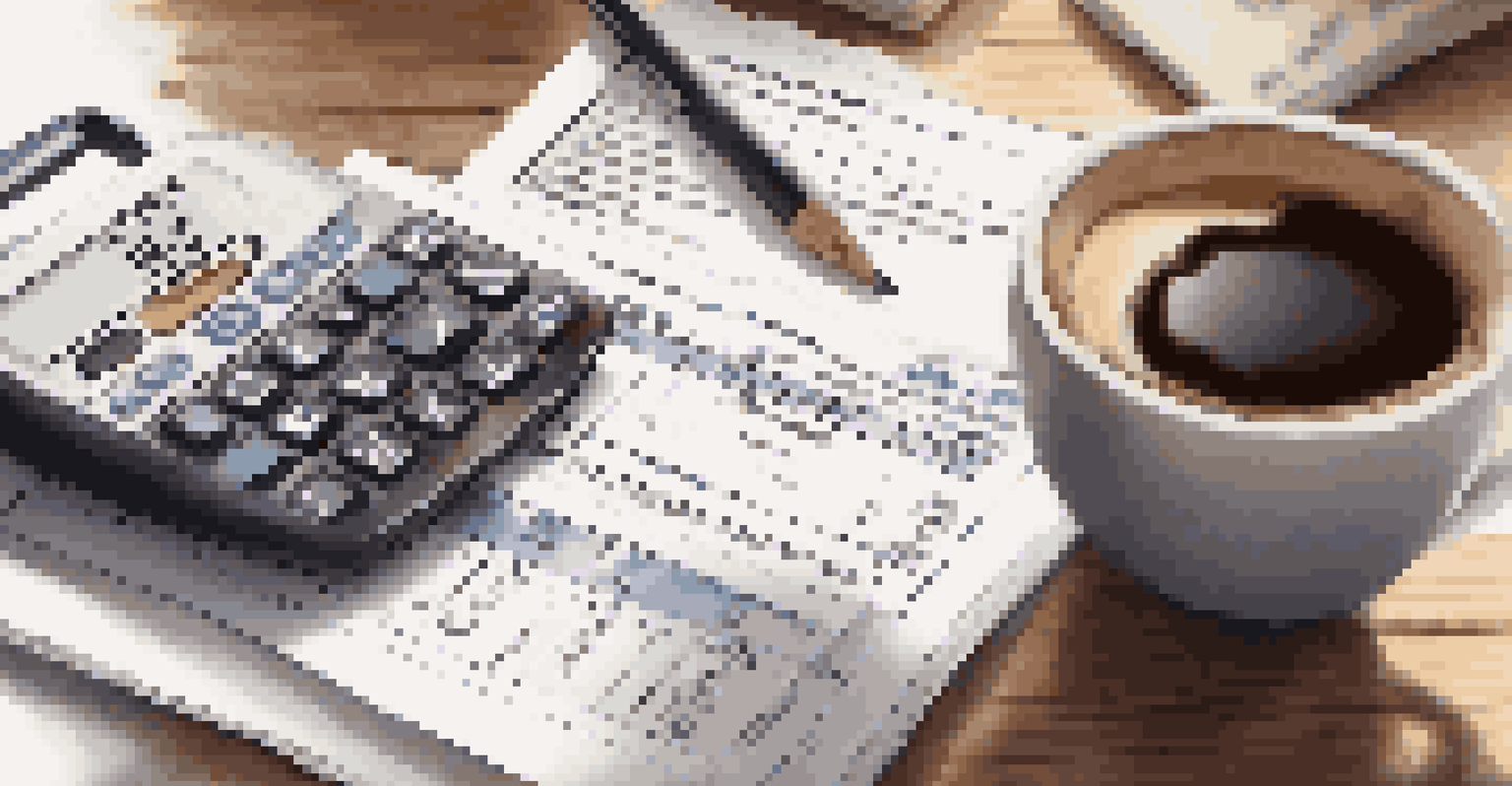 A close-up of a hand holding a calculator and tax document, symbolizing tax credit calculations, with a coffee cup in the background.