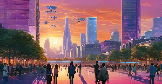 A vibrant city skyline at sunset, showcasing futuristic architecture and a lively park with people.