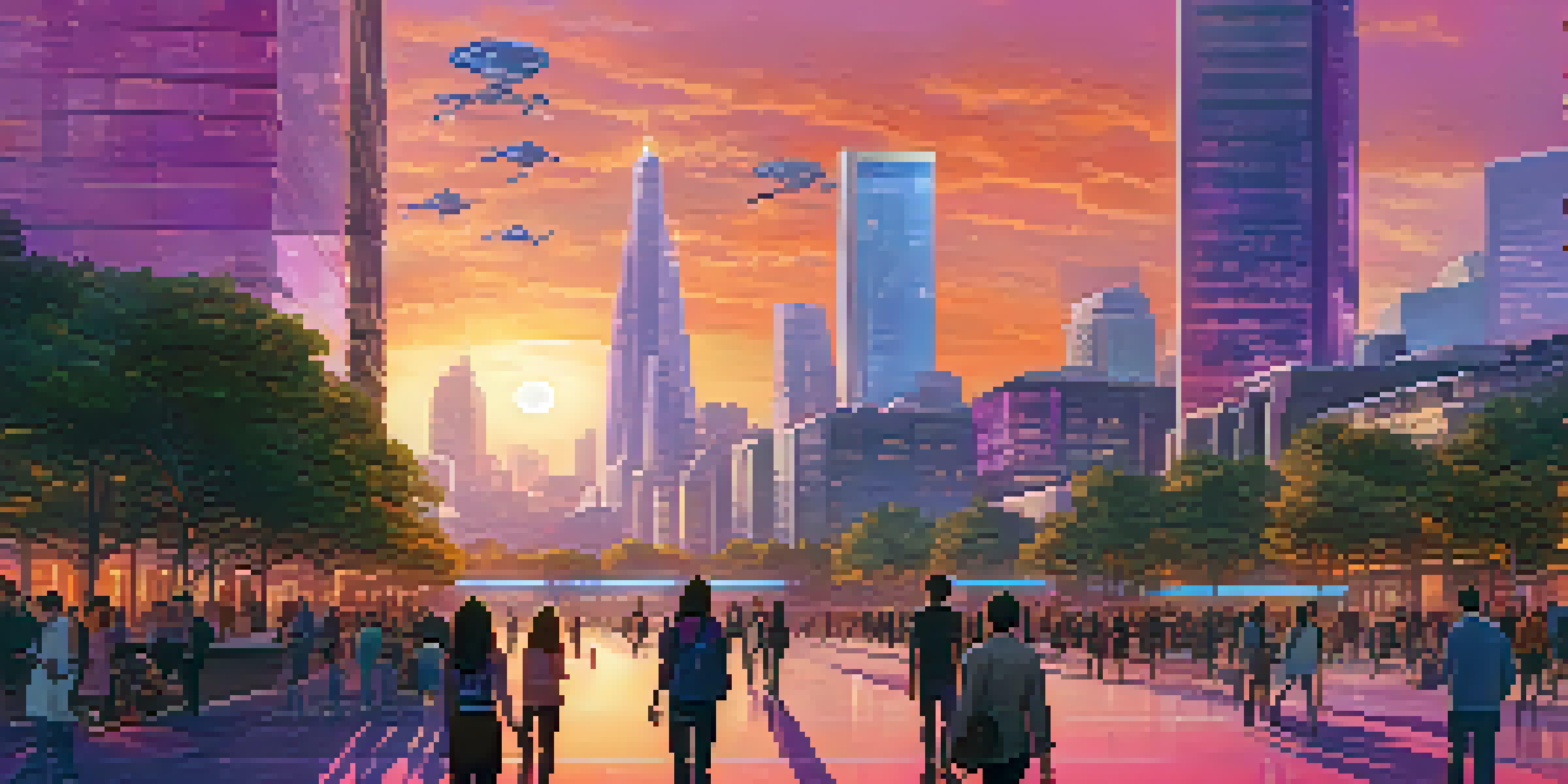 A vibrant city skyline at sunset, showcasing futuristic architecture and a lively park with people.