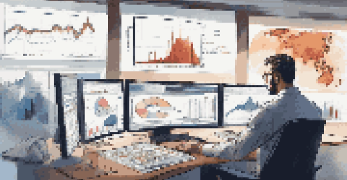 A trader in a modern office analyzing market trends with multiple screens showing graphs and charts.