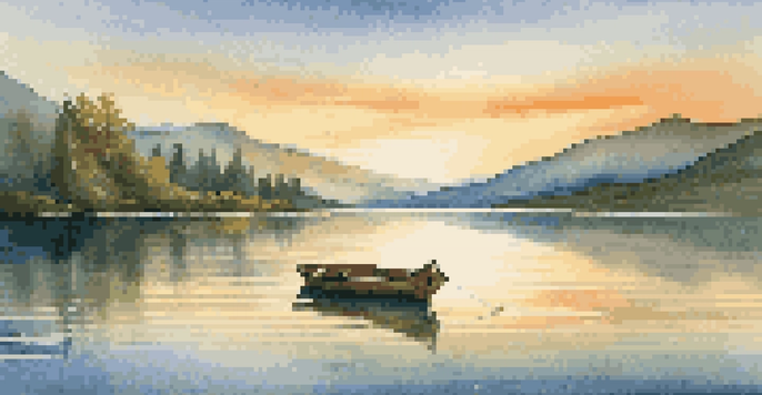 A tranquil lake scene with mountains, a wooden boat, and a sunset sky.