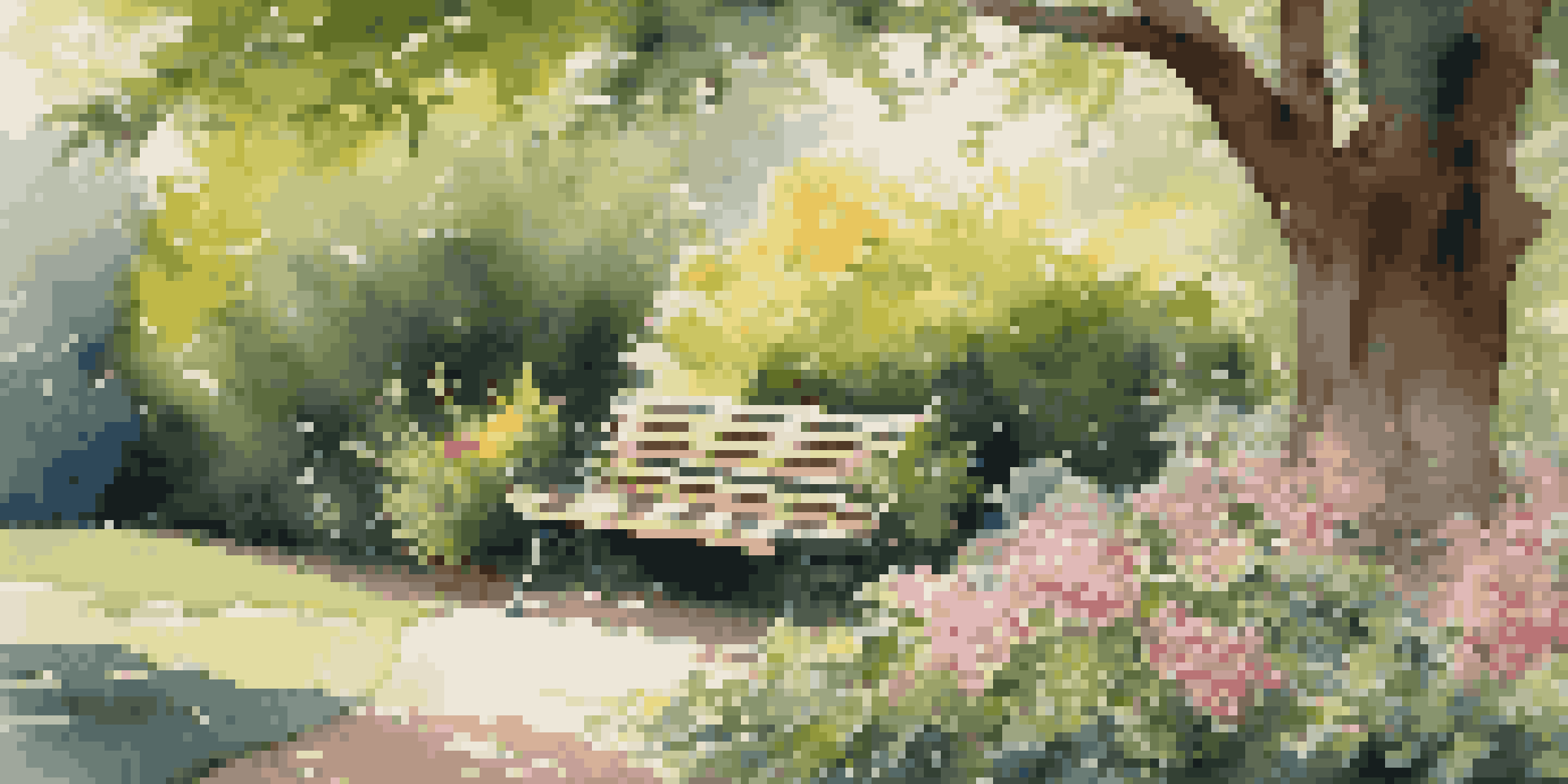 A vibrant garden filled with colorful flowers and greenery, featuring a bench under a tree and sunlight filtering through the leaves.