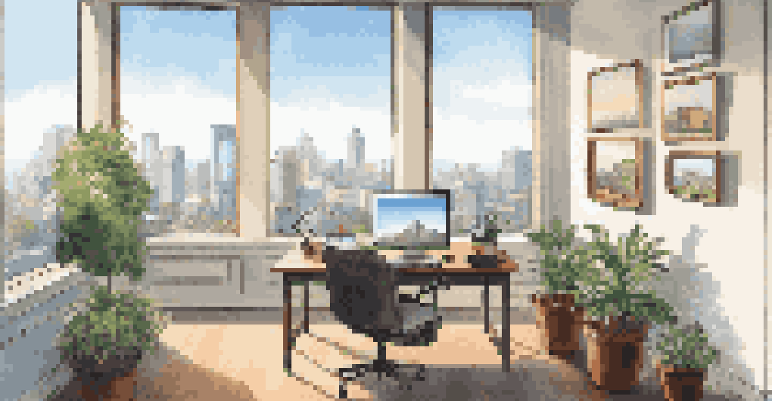 A serene office space with a view of a cityscape, featuring a desk with a laptop and financial reports.