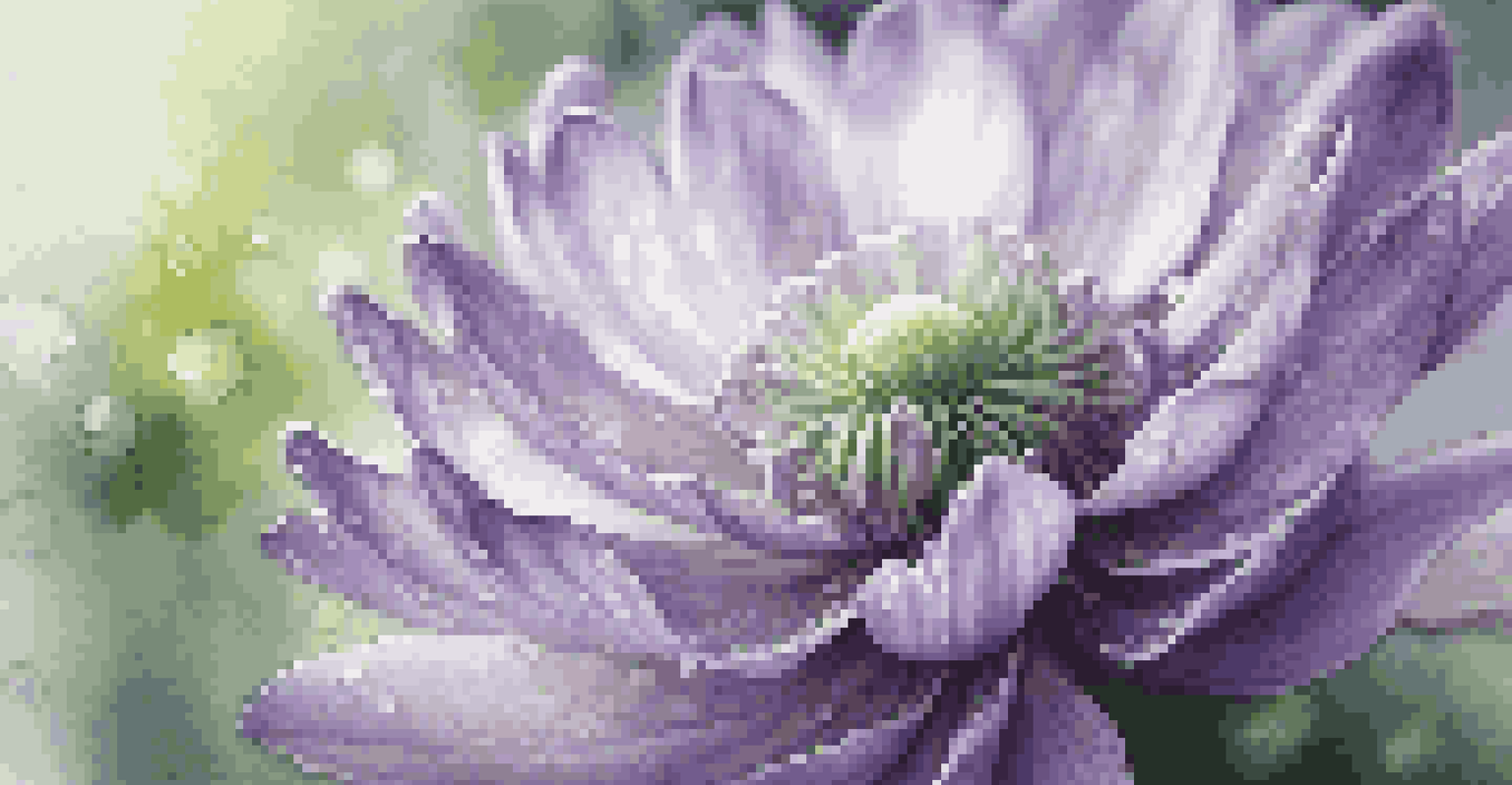 A close-up of a purple and white flower in bloom with sunlight and dew drops, creating a soft background.