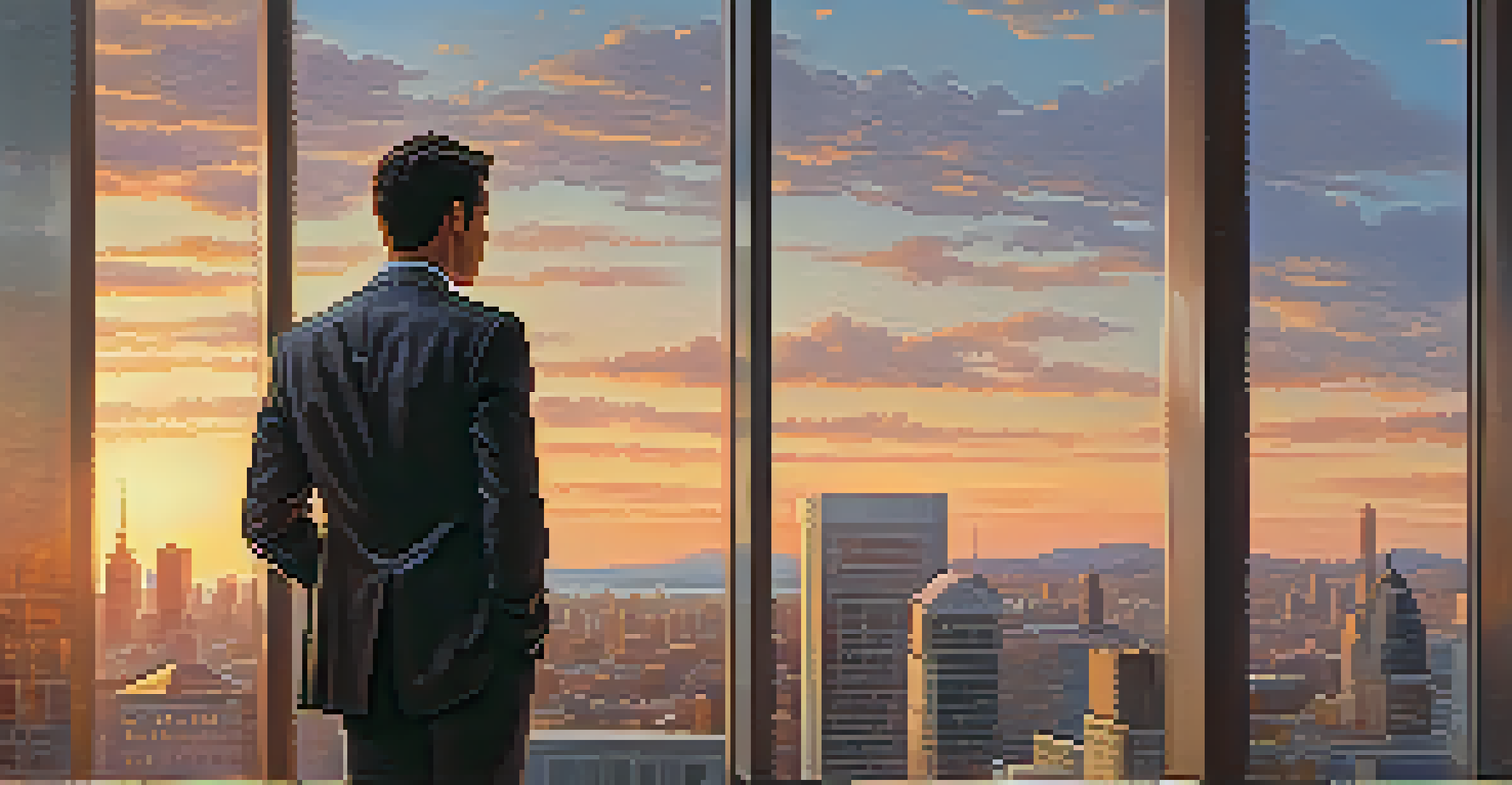 An entrepreneur in business casual attire standing by a large window, looking out at a vibrant city skyline during sunset, holding a notebook.