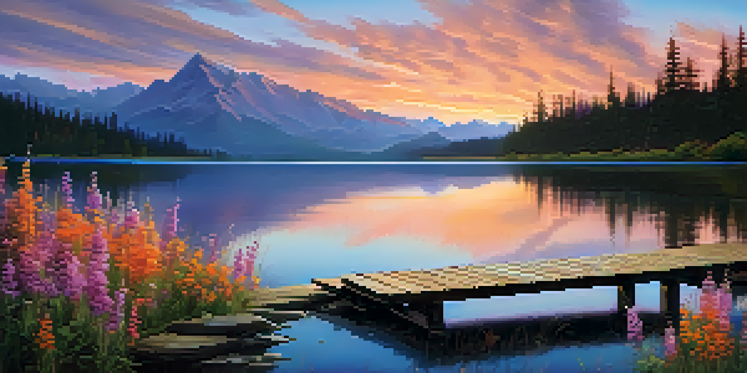 A beautiful sunset over a calm lake surrounded by mountains, with colorful wildflowers in the foreground and a wooden dock extending into the water.