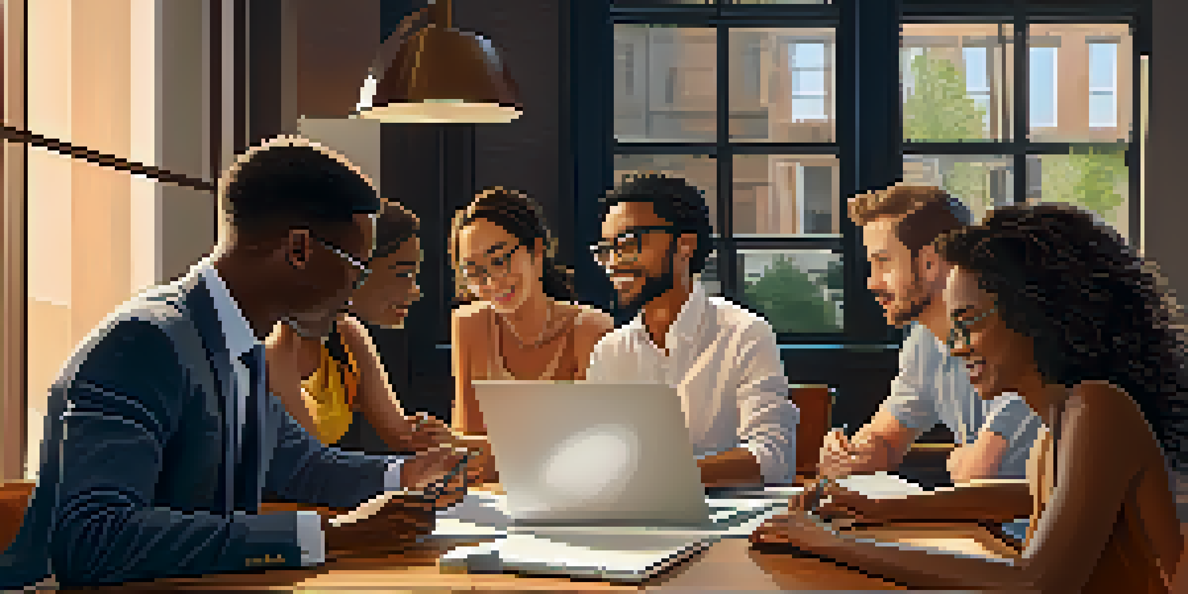 A diverse group of people discussing investments at a table with laptops and notebooks in a well-lit office.