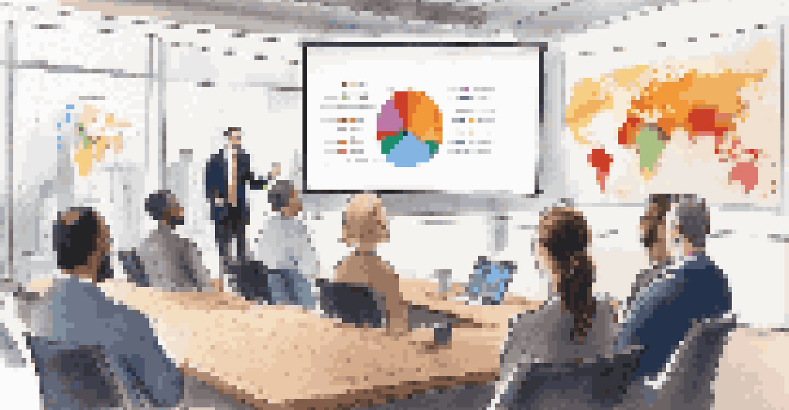 A presenter showcasing a pitch deck with colorful charts to an audience of investors in a conference room.