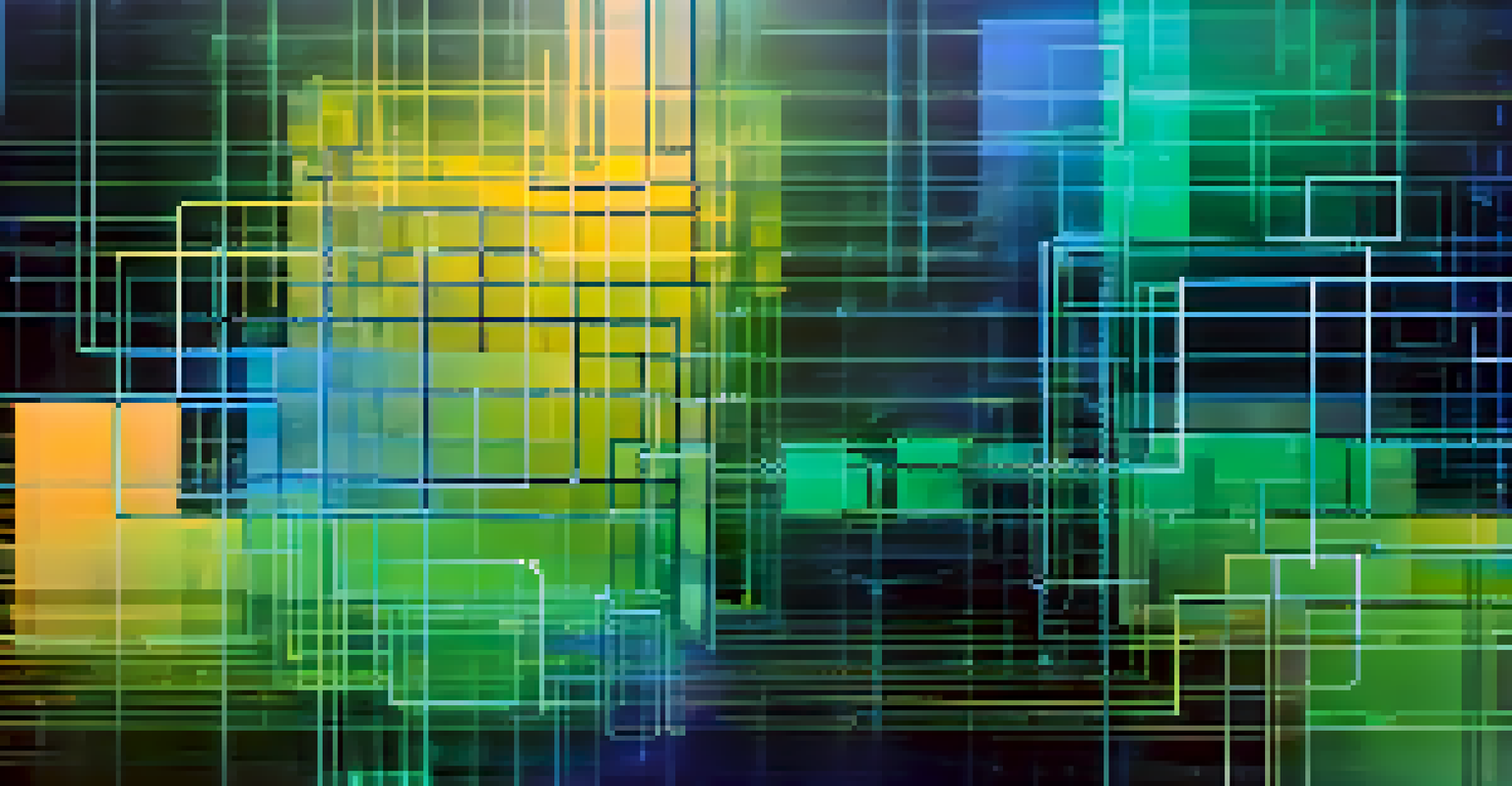 An abstract illustration of blockchain technology with interconnected data blocks in a digital space.