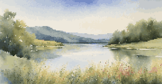 A peaceful lake scene with green hills, wildflowers in the foreground, and a clear blue sky.