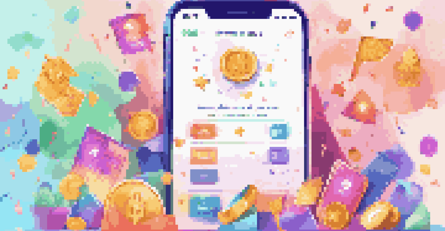 An illustration of a gamified financial wellness app interface with colorful badges and rewards, set against a playful background of confetti and stars.