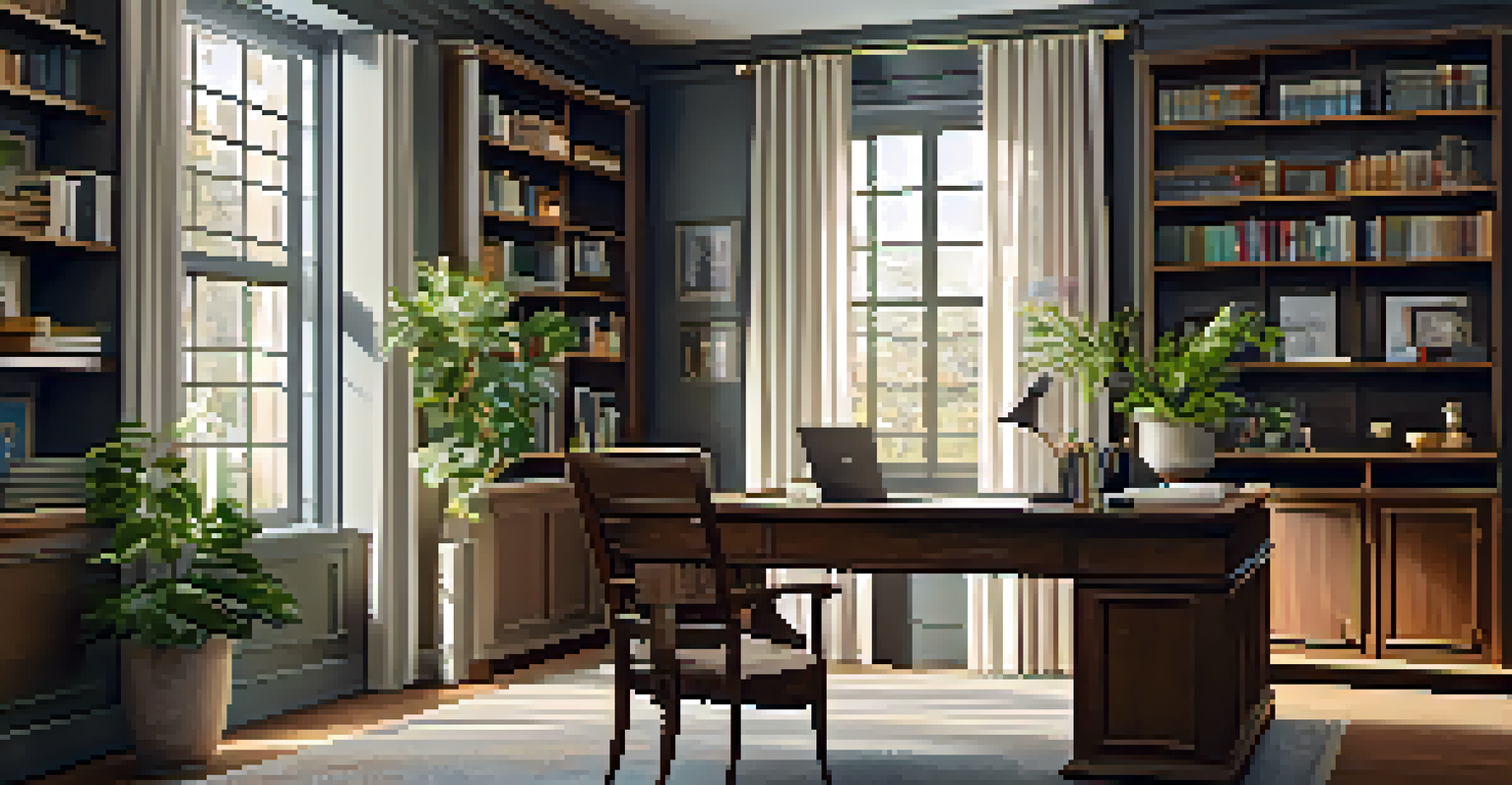 A cozy home office with a desk, laptop, and natural light from the window.