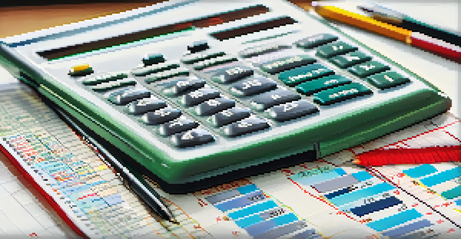 A close-up view of a calculator and a notebook with financial ratios, set against a blurred stock market screen.