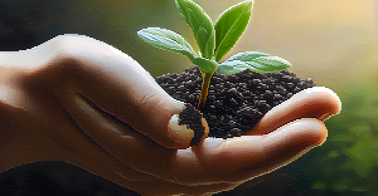 A close-up of a hand holding a small plant in soil, representing environmental sustainability and growth.