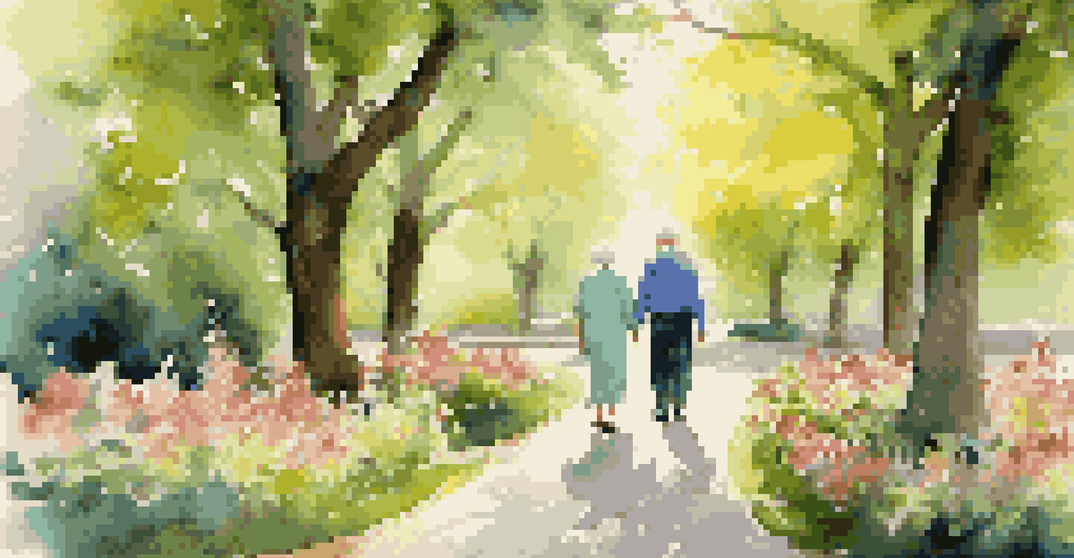 An elderly couple enjoying a peaceful walk in a park surrounded by flowers and trees, representing a joyful retirement.
