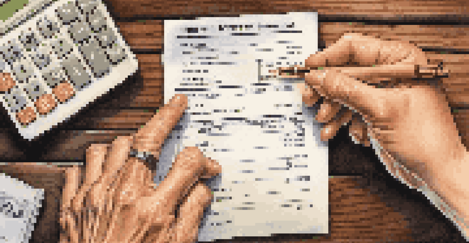 Close-up of hands holding a retirement account statement with a calculator, pen, and notepad on a wooden table.
