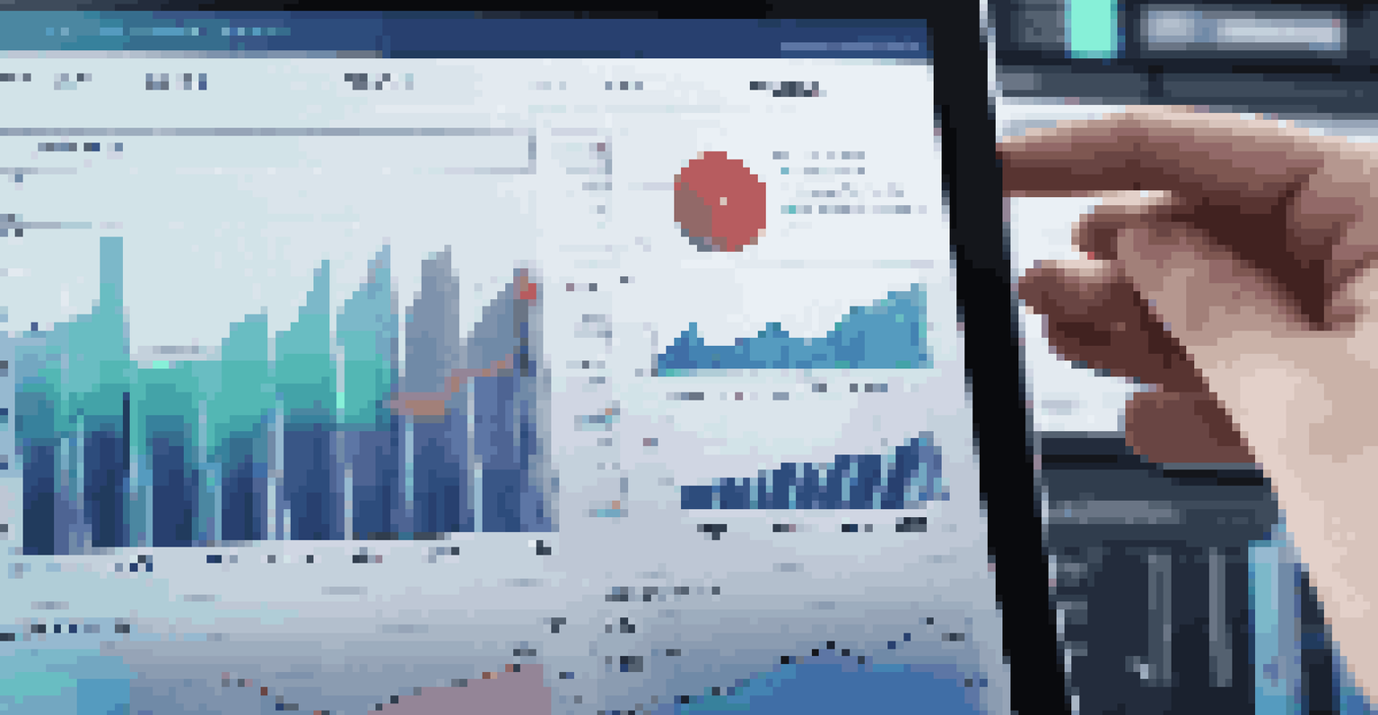 A close-up view of a digital dashboard with colorful graphs and charts displaying real-time investment data, with a hand on the touchscreen.