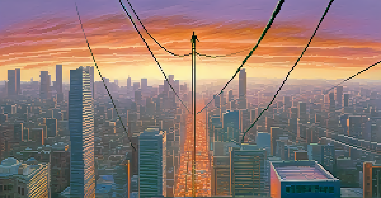 A tightrope walker balancing above a colorful cityscape at sunset, representing the risks of margin trading.