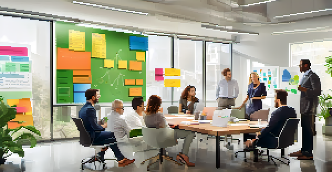 A group of diverse professionals in a bright office discussing strategic plans, with charts on a whiteboard.