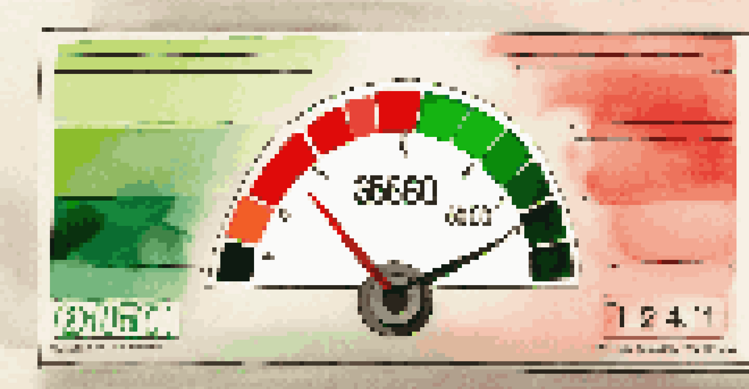 A colorful credit score meter ranging from 300 to 850, with green and red sections indicating good and poor scores.