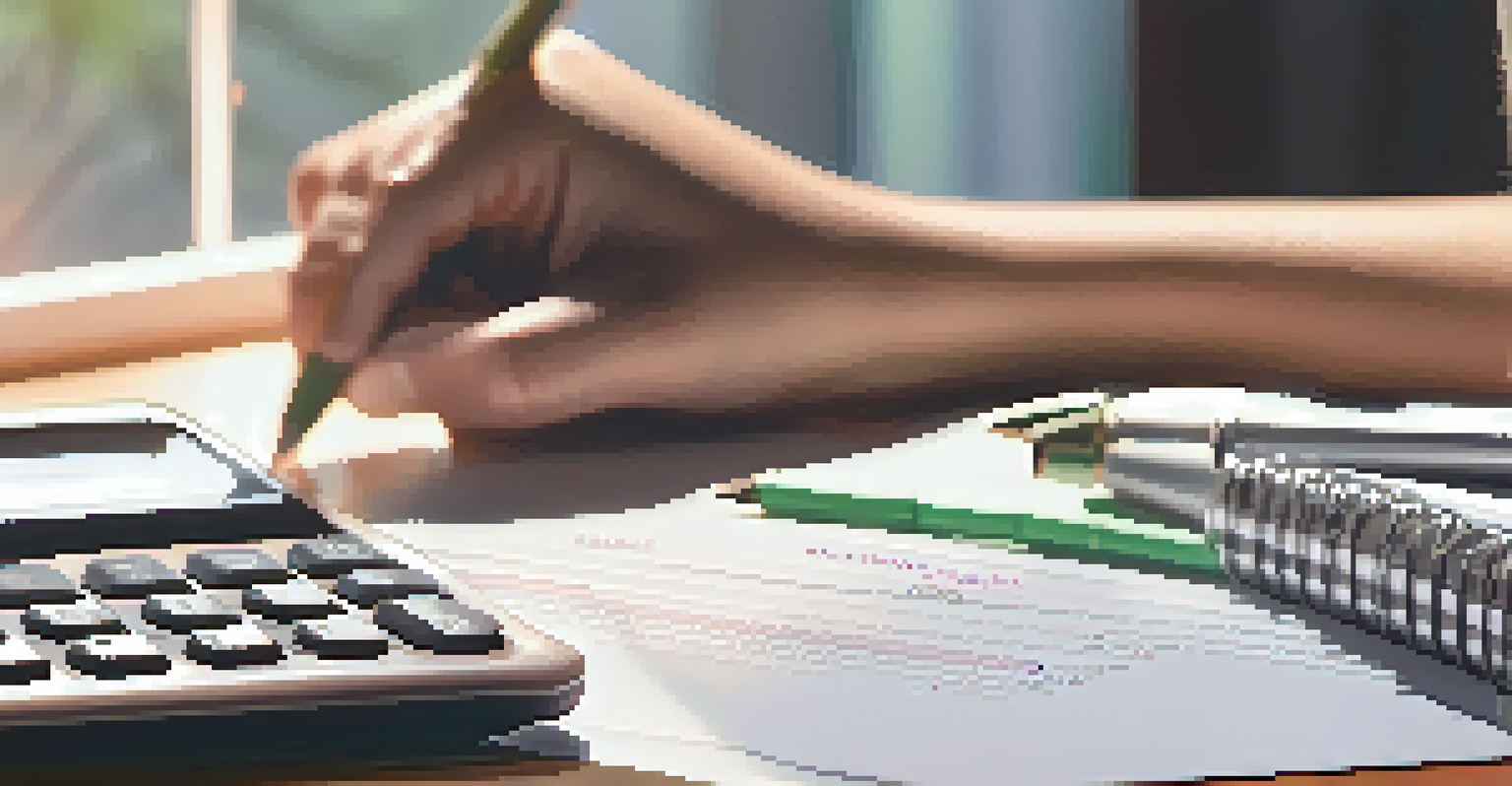 A close-up of a hand writing financial goals in a planner, with a calculator and financial documents in the background, under bright natural light.
