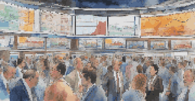A vibrant financial market scene with traders interacting, stock tickers, and various screens showcasing price changes.