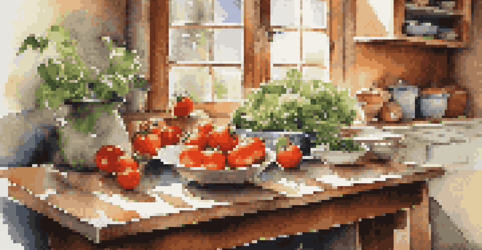 A rustic kitchen table set for a meal, with fresh ingredients like tomatoes and basil, illuminated by warm sunlight creating soft shadows.