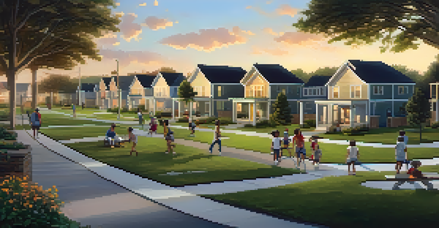 A developing neighborhood with new homes and children playing in a park, bathed in the warm glow of a sunset.