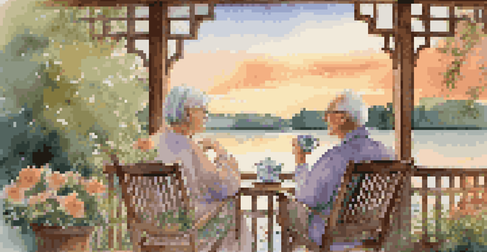 An older couple enjoying tea on a balcony by a tranquil lake at sunset, surrounded by greenery and flowers.