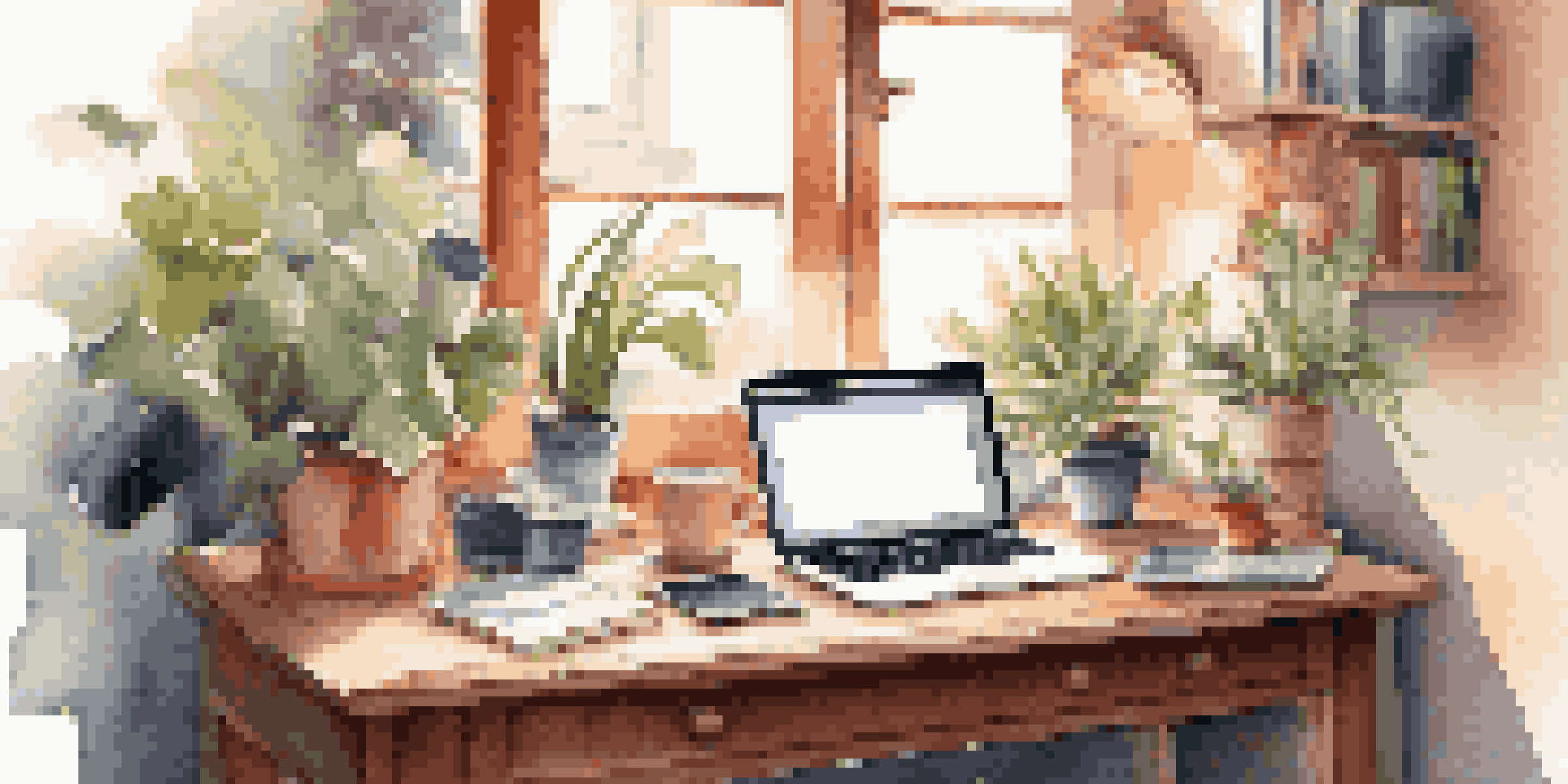 A wooden desk with a laptop, plants, and stationery illuminated by soft afternoon sunlight.