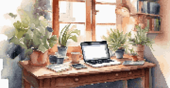 A wooden desk with a laptop, plants, and stationery illuminated by soft afternoon sunlight.