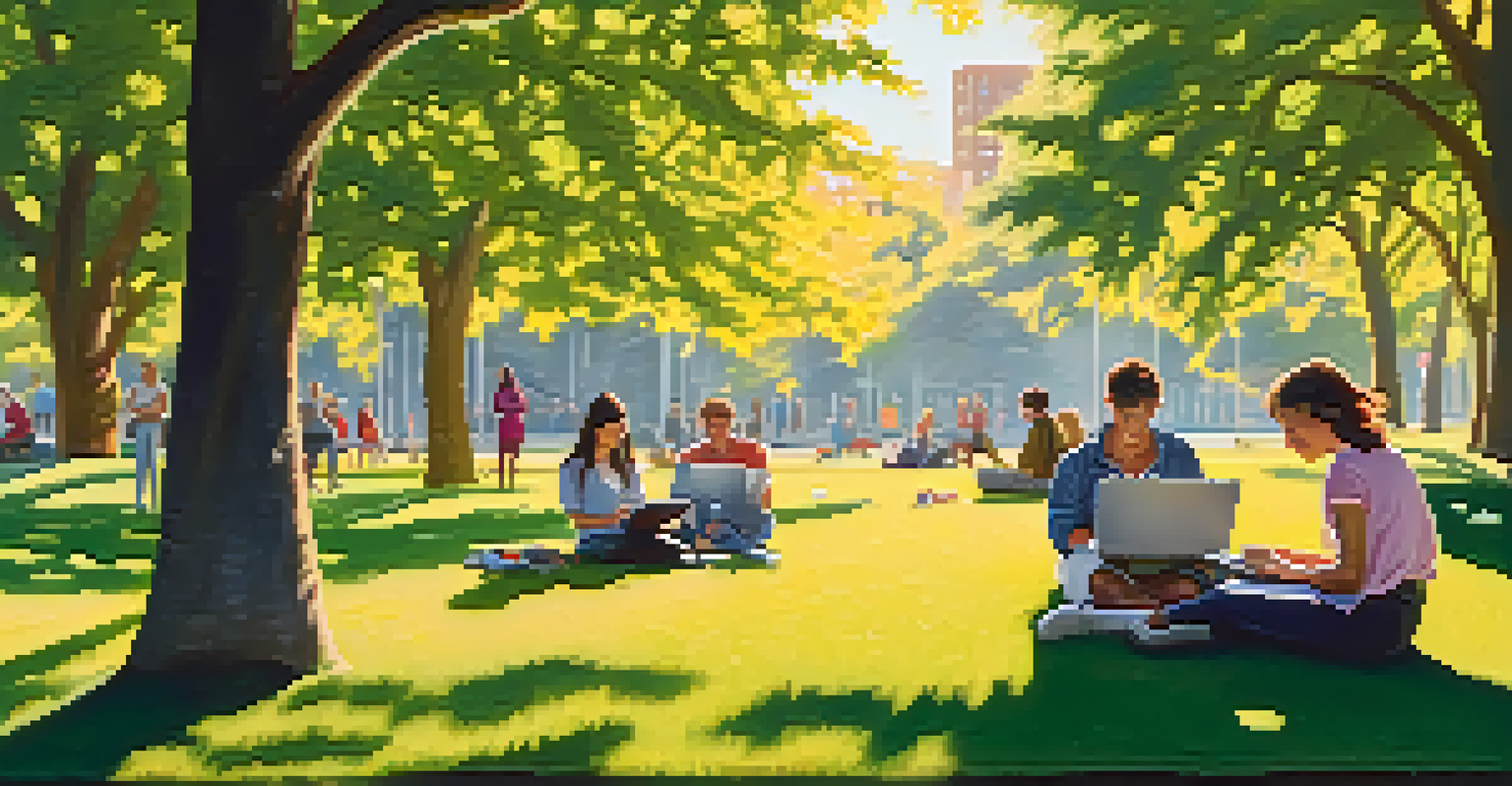 A lively outdoor park scene with people discussing and working on laptops under the warm sunlight.
