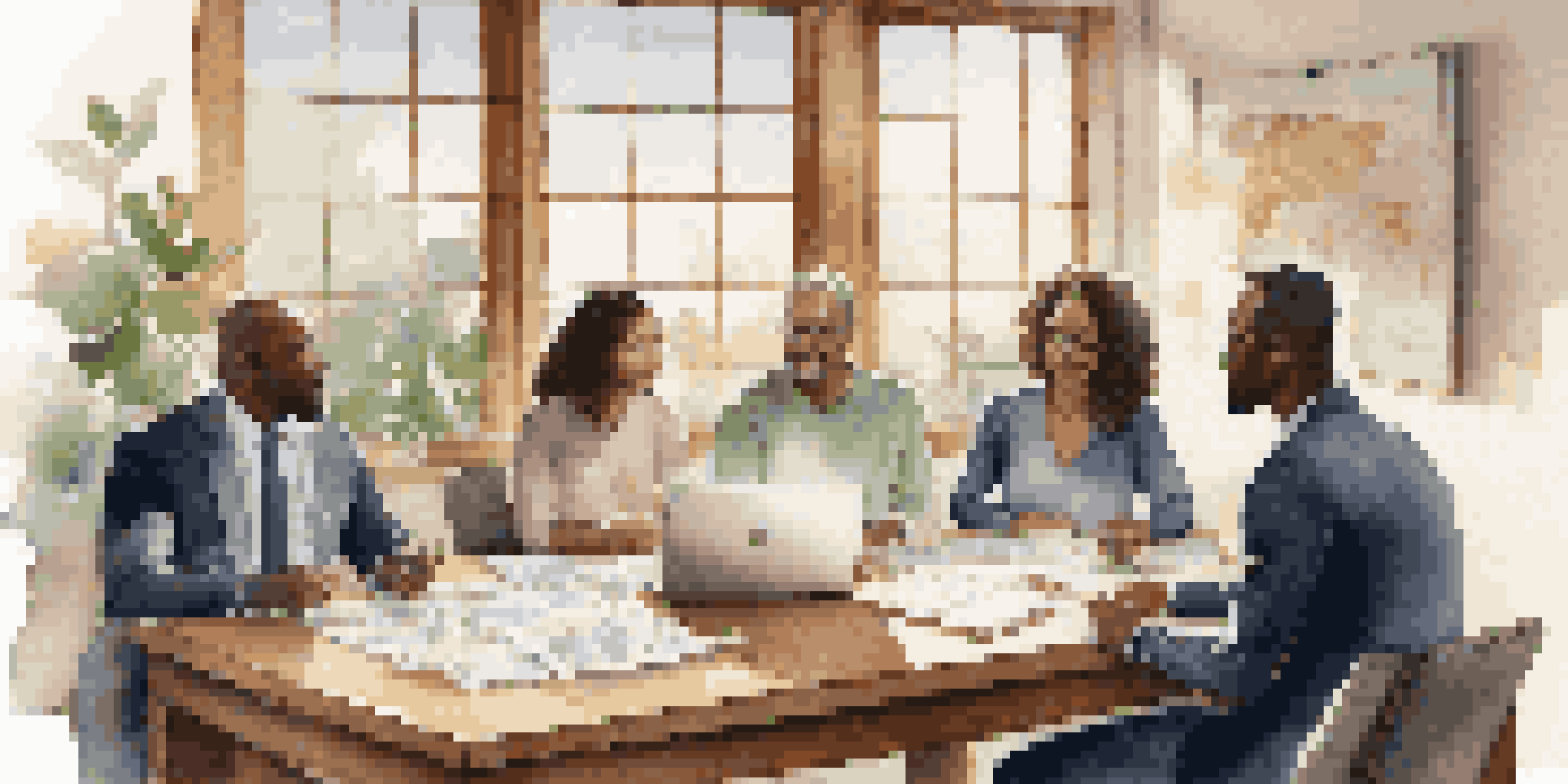 A diverse group of people engaged in a financial planning discussion at a modern wooden table, surrounded by financial documents and a laptop.